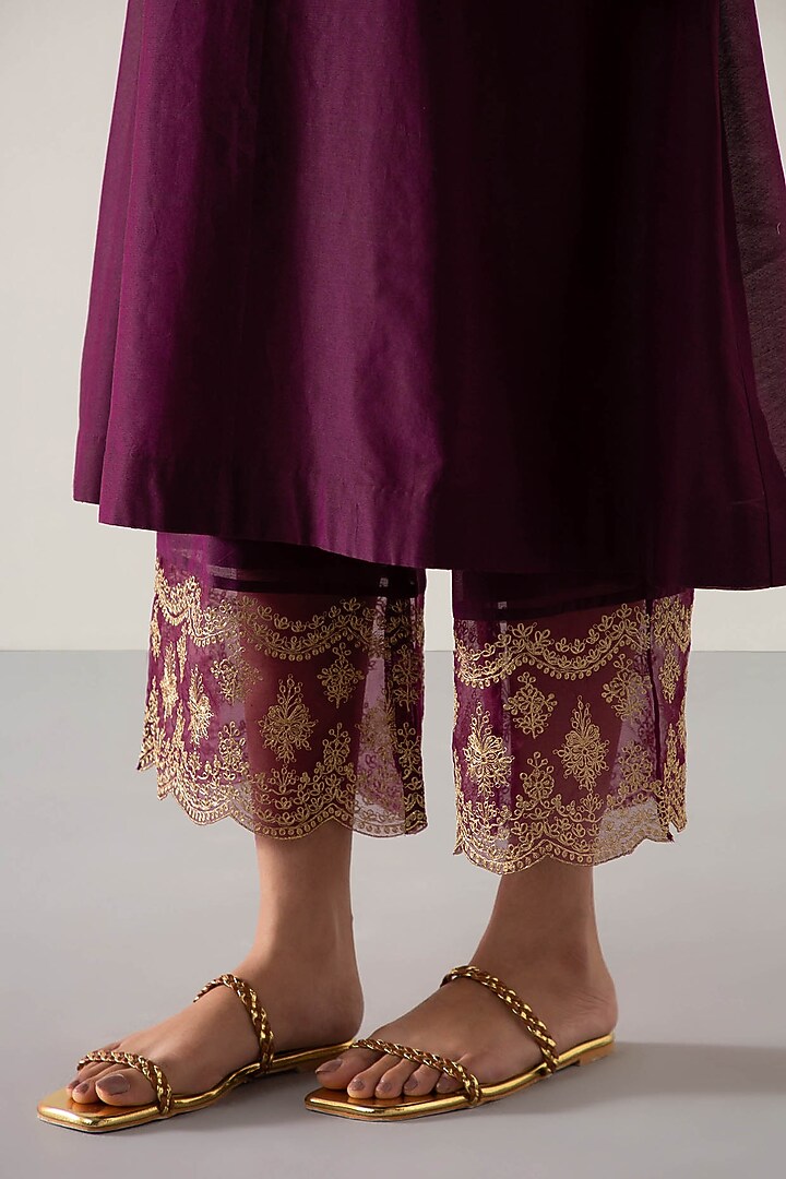 Wine Silk Chanderi Embroidered A-line Kurta Set by Sureena Chowdhri at Pernia's Pop Up Shop