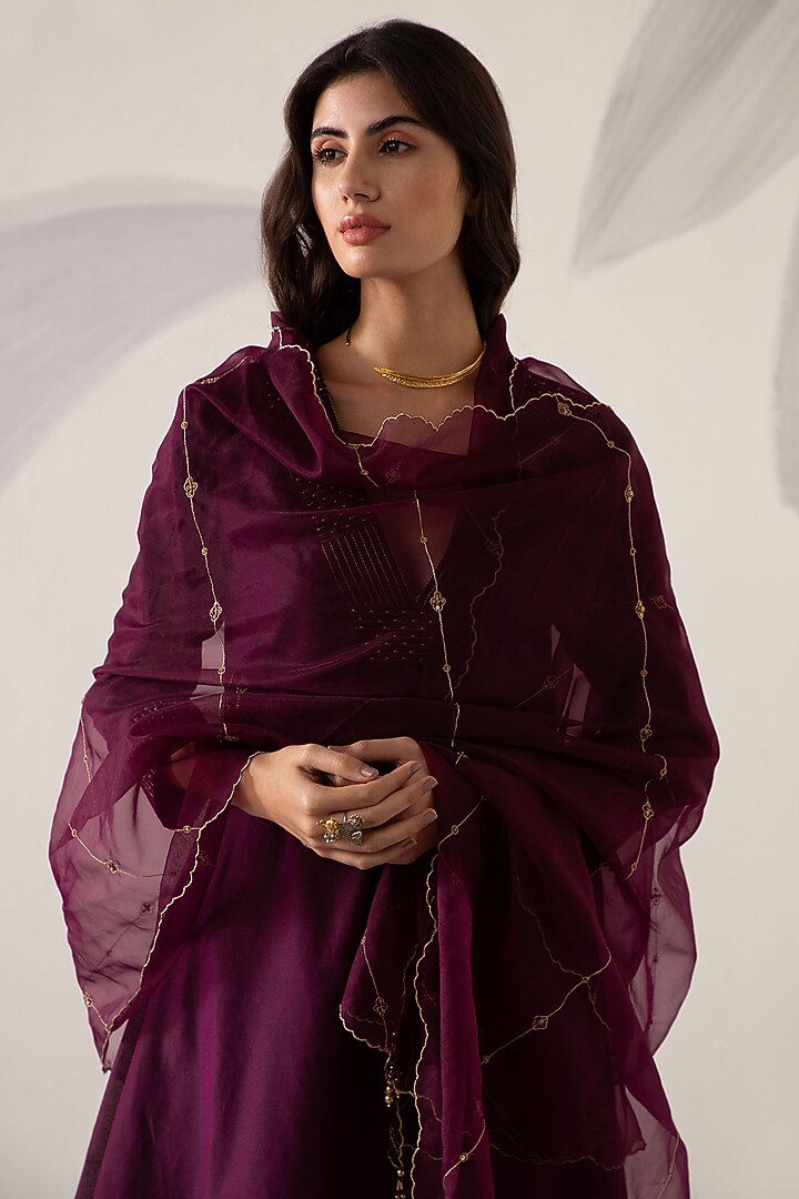 Wine Silk Chanderi Embroidered A-line Kurta Set by Sureena Chowdhri at Pernia's Pop Up Shop