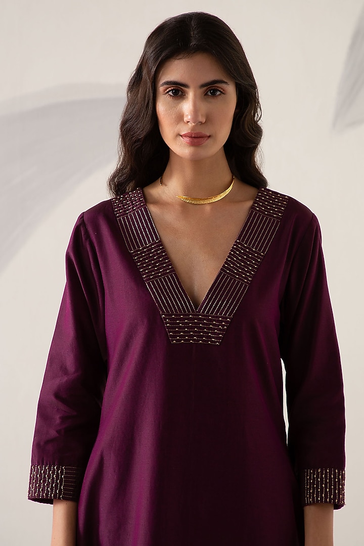 Wine Silk Chanderi Embroidered A-line Kurta Set by Sureena Chowdhri at Pernia's Pop Up Shop