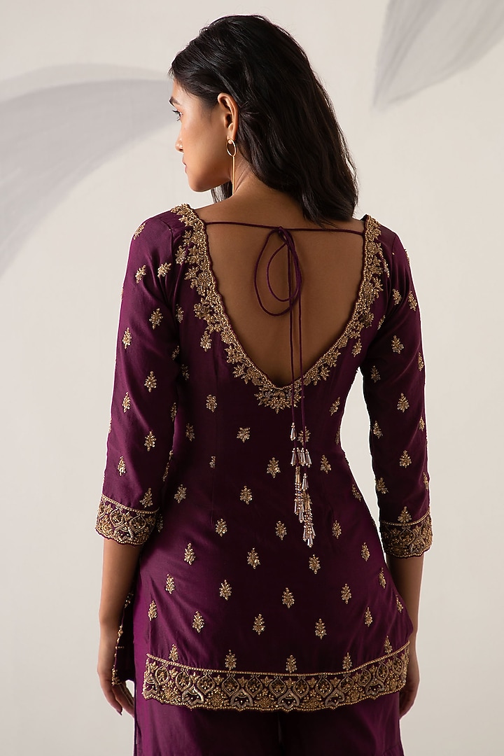Wine Silk Chanderi Gharara Set by Sureena Chowdhri at Pernia's Pop Up Shop