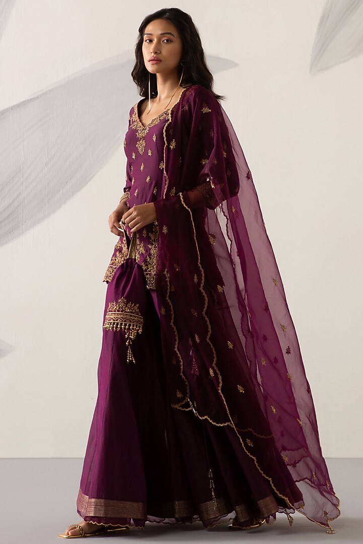 Wine Silk Chanderi Gharara Set by Sureena Chowdhri at Pernia's Pop Up Shop