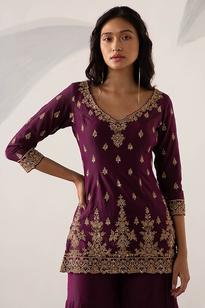 Wine Silk Chanderi Gharara Set by Sureena Chowdhri at Pernia's Pop Up Shop