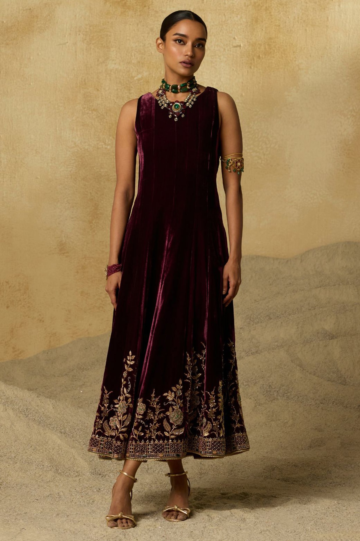 Sureena Chowdhri Wine Silk Velvet Zardosi Embroidered Maxi Dress