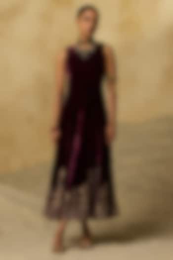 Wine Silk Velvet Zardosi Embroidered Maxi Party Wear Dress by Sureena Chowdhri at Pernia's Pop Up Shop