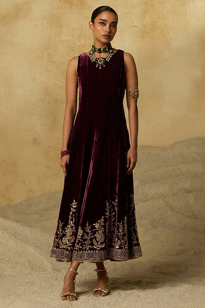 Wine Silk Velvet Zardosi Embroidered Maxi Party Wear Dress by Sureena Chowdhri at Pernia's Pop Up Shop