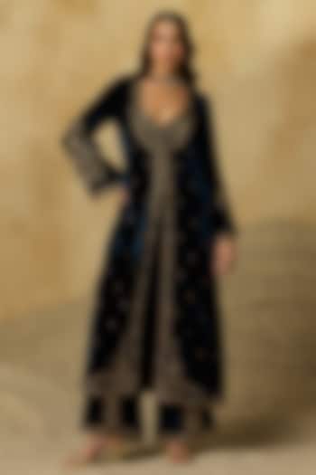 Peacock Blue Silk Velvet Zardosi Embroidered Wedding Anarkali Set by Sureena Chowdhri at Pernia's Pop Up Shop
