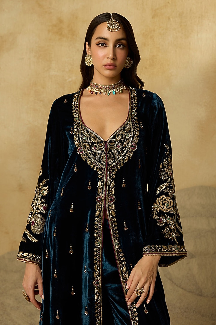 Peacock Blue Silk Velvet Zardosi Embroidered Wedding Anarkali Set by Sureena Chowdhri at Pernia's Pop Up Shop