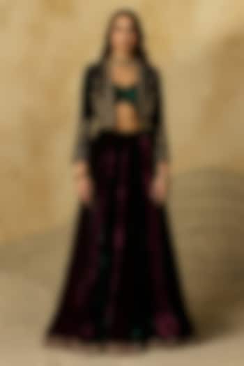 Wine Silk Velvet Jacket Wedding Lehenga Set by Sureena Chowdhri at Pernia's Pop Up Shop