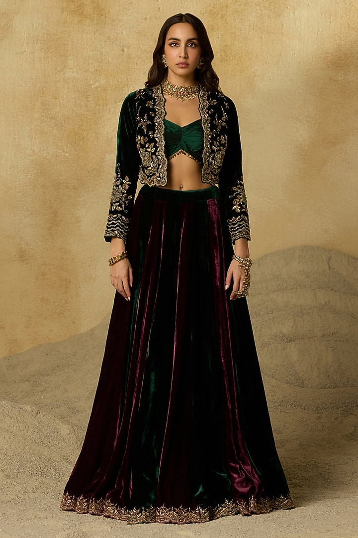 Wine Silk Velvet Jacket Wedding Lehenga Set by Sureena Chowdhri at Pernia's Pop Up Shop