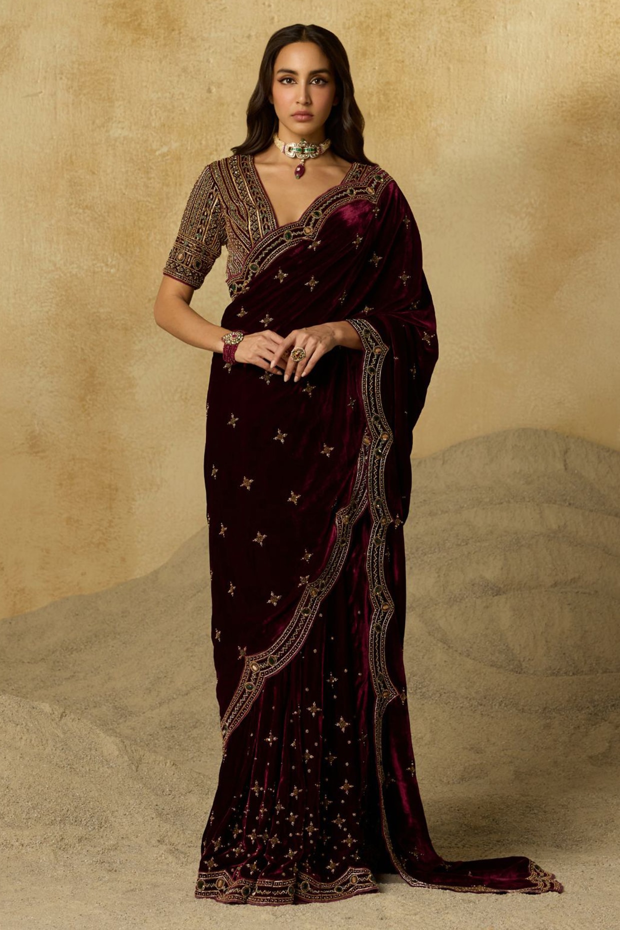 Sureena Chowdhri Burgundy Silk Velvet Zardosi Embroidered Saree Set
