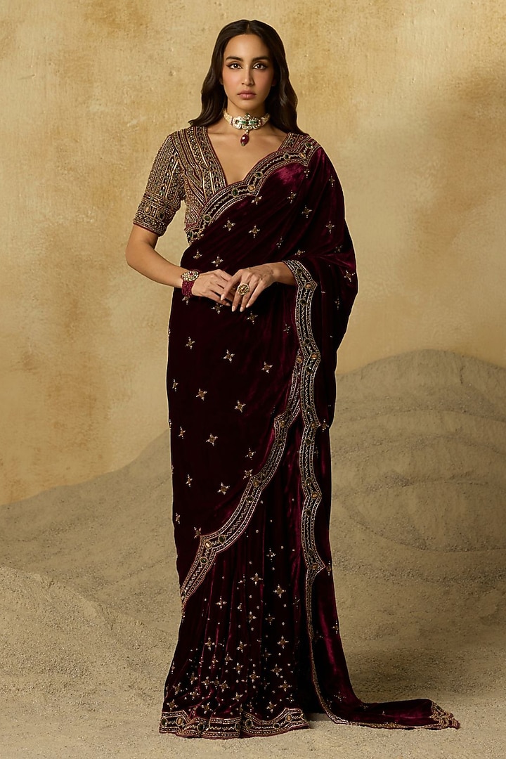 Burgundy Silk Velvet Zardosi Embroidered Reception Saree Set by Sureena Chowdhri at Pernia's Pop Up Shop