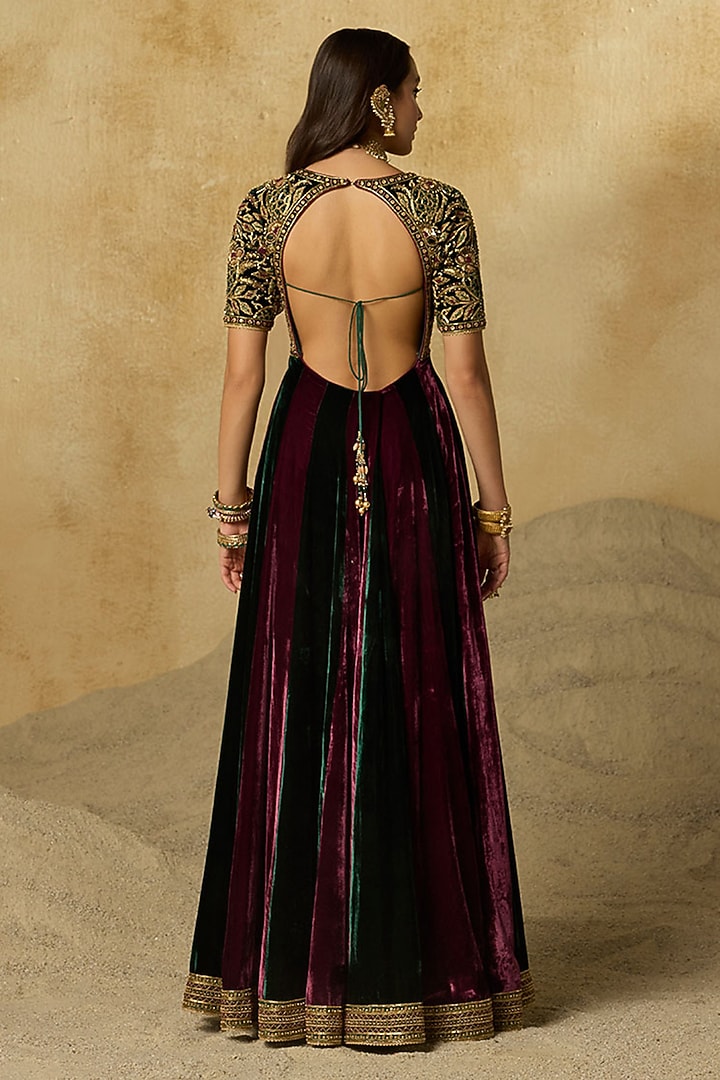 Jamuni Purple Silk Velvet Aari Embroidered Bridal Anarkali Set by Sureena Chowdhri at Pernia's Pop Up Shop