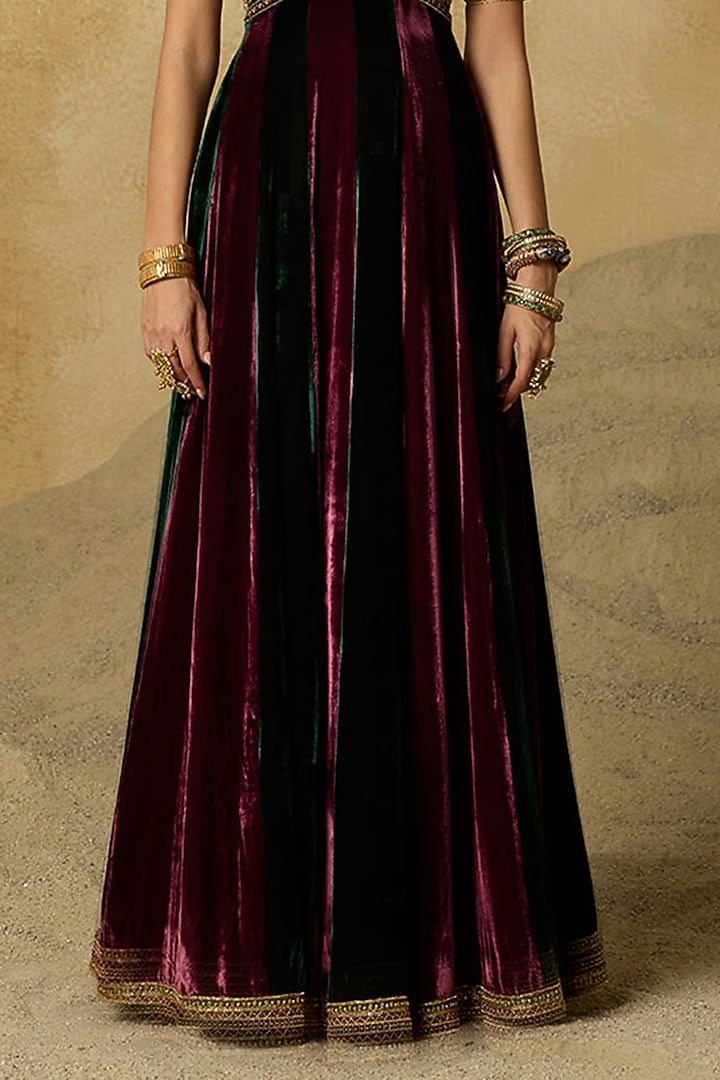 Jamuni Purple Silk Velvet Aari Embroidered Bridal Anarkali Set by Sureena Chowdhri at Pernia's Pop Up Shop
