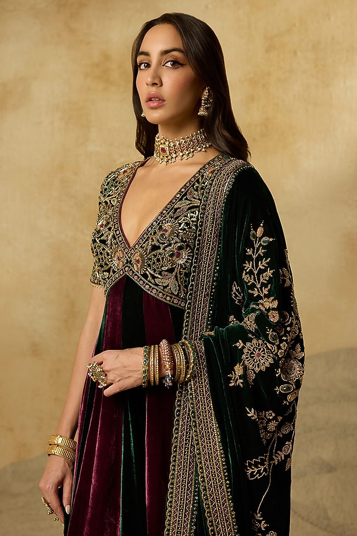 Jamuni Purple Silk Velvet Aari Embroidered Bridal Anarkali Set by Sureena Chowdhri at Pernia's Pop Up Shop