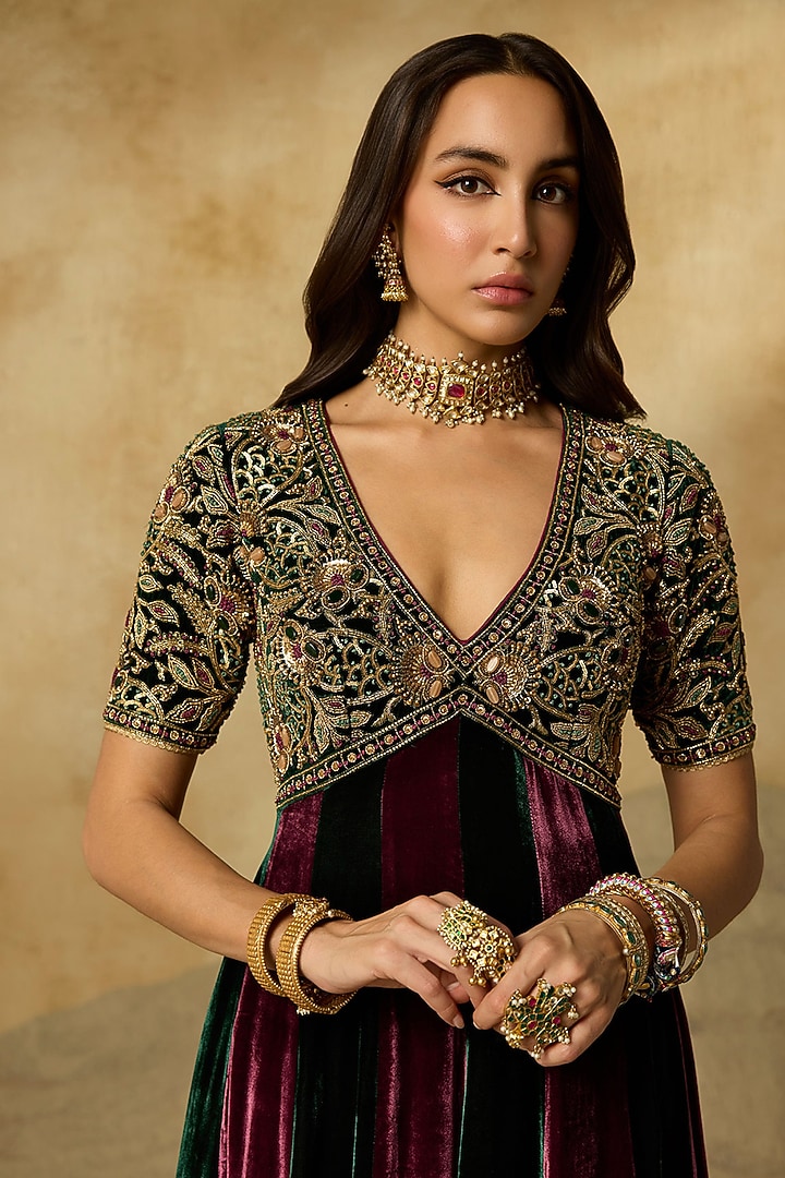 Jamuni Purple Silk Velvet Aari Embroidered Bridal Anarkali Set by Sureena Chowdhri at Pernia's Pop Up Shop