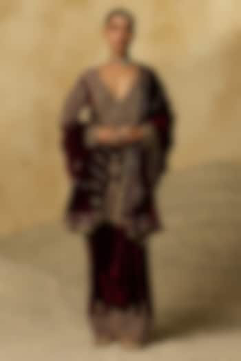 Cherry Red Silk Velvet Aari Embroidered Farshi Set by Sureena Chowdhri at Pernia's Pop Up Shop