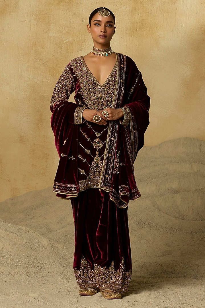 Cherry Red Silk Velvet Aari Embroidered Farshi Set by Sureena Chowdhri at Pernia's Pop Up Shop