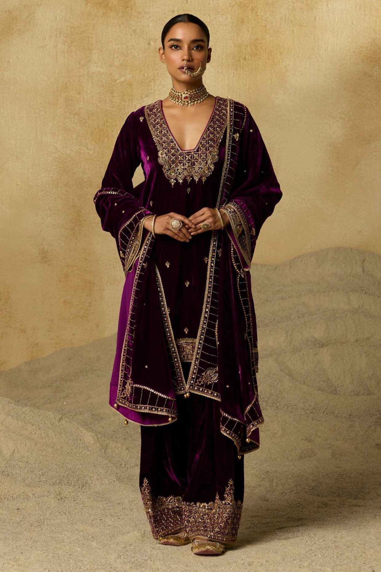 Sureena Chowdhri Plum Silk Velvet Aari Embroidered Farshi Set