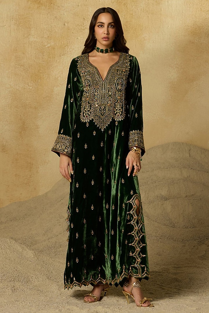 Forest Green Silk Velvet Aari Embroidered Kaftan by Sureena Chowdhri at Pernia's Pop Up Shop