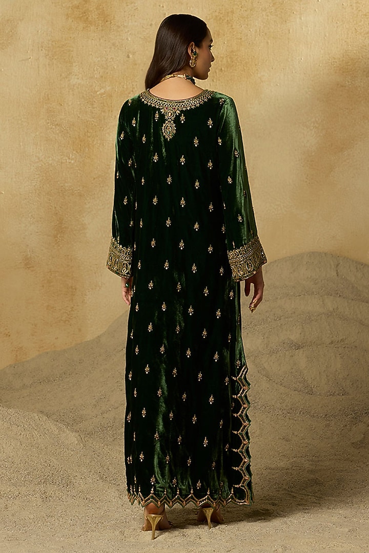 Forest Green Silk Velvet Aari Embroidered Kaftan by Sureena Chowdhri at Pernia's Pop Up Shop