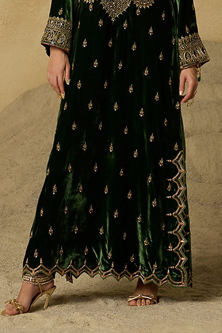 Forest Green Silk Velvet Aari Embroidered Kaftan by Sureena Chowdhri at Pernia's Pop Up Shop