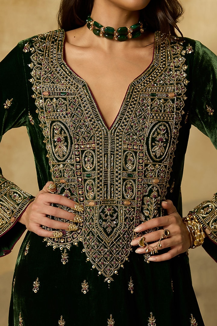Forest Green Silk Velvet Aari Embroidered Kaftan by Sureena Chowdhri at Pernia's Pop Up Shop