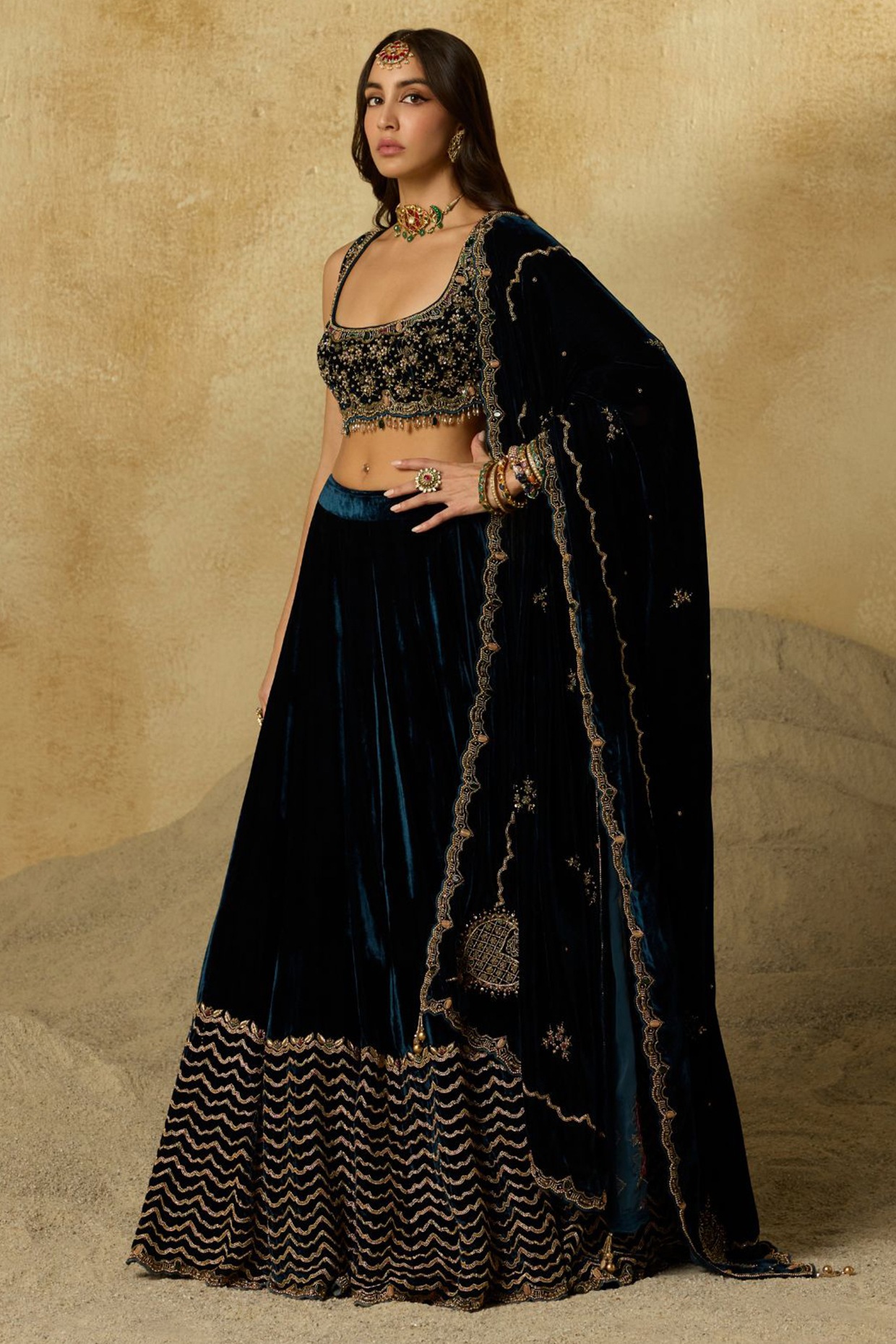 Sureena Chowdhri Peacock Blue Silk Velvet Zardosi Embroidered Lehenga Set