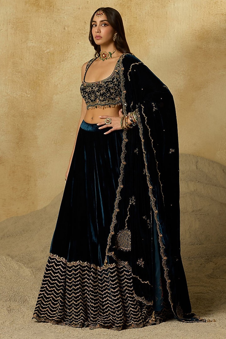 Peacock Blue Silk Velvet Zardosi Embroidered Wedding Lehenga Set by Sureena Chowdhri at Pernia's Pop Up Shop