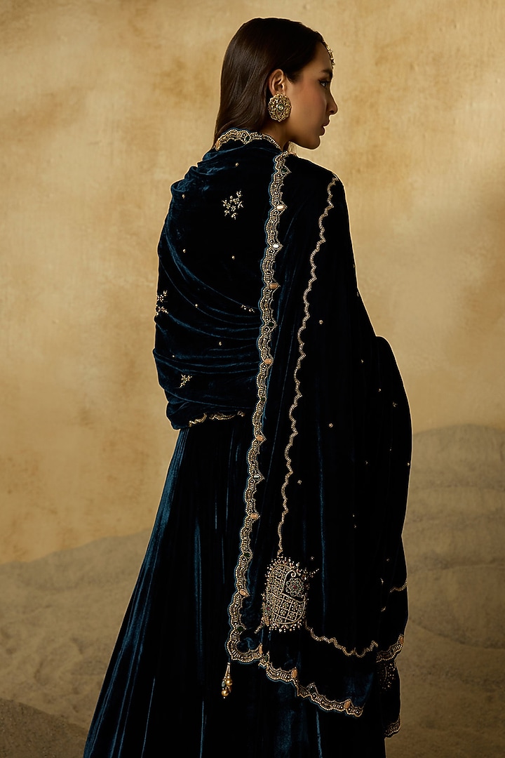Peacock Blue Silk Velvet Zardosi Embroidered Wedding Lehenga Set by Sureena Chowdhri at Pernia's Pop Up Shop