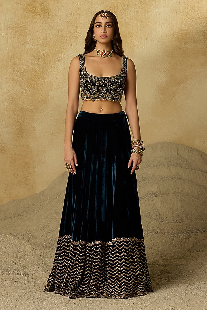 Peacock Blue Silk Velvet Zardosi Embroidered Wedding Lehenga Set by Sureena Chowdhri at Pernia's Pop Up Shop