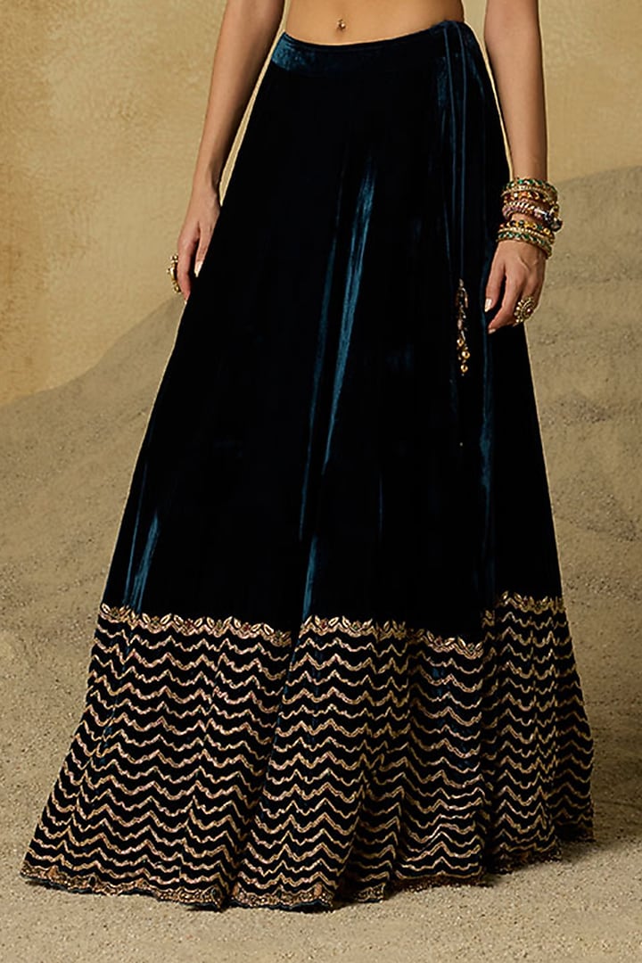 Peacock Blue Silk Velvet Zardosi Embroidered Wedding Lehenga Set by Sureena Chowdhri at Pernia's Pop Up Shop