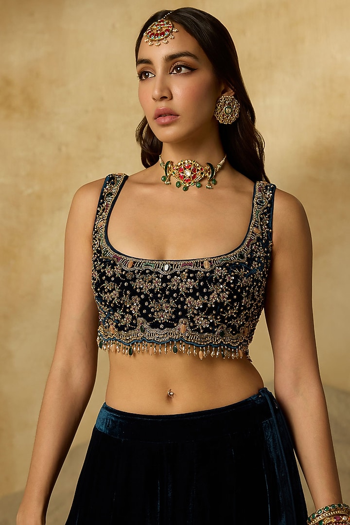 Peacock Blue Silk Velvet Zardosi Embroidered Wedding Lehenga Set by Sureena Chowdhri at Pernia's Pop Up Shop