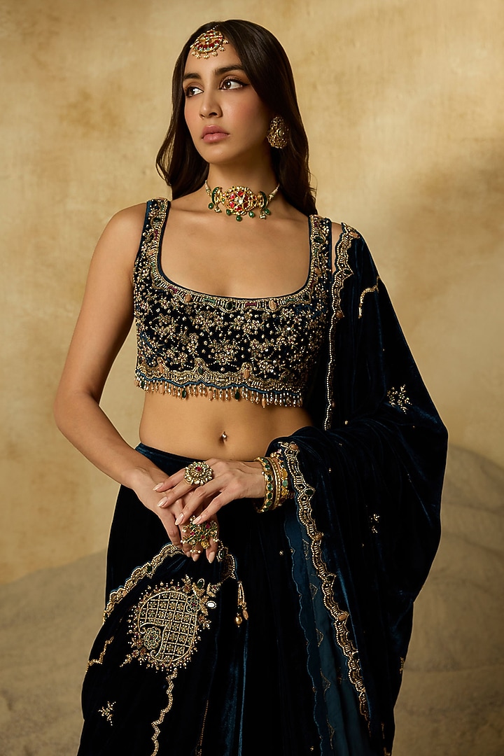 Peacock Blue Silk Velvet Zardosi Embroidered Wedding Lehenga Set by Sureena Chowdhri at Pernia's Pop Up Shop