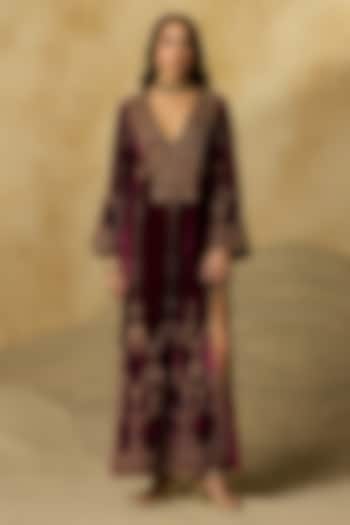 Black Silk Velvet Aari Embroidered Kaftan by Sureena Chowdhri at Pernia's Pop Up Shop