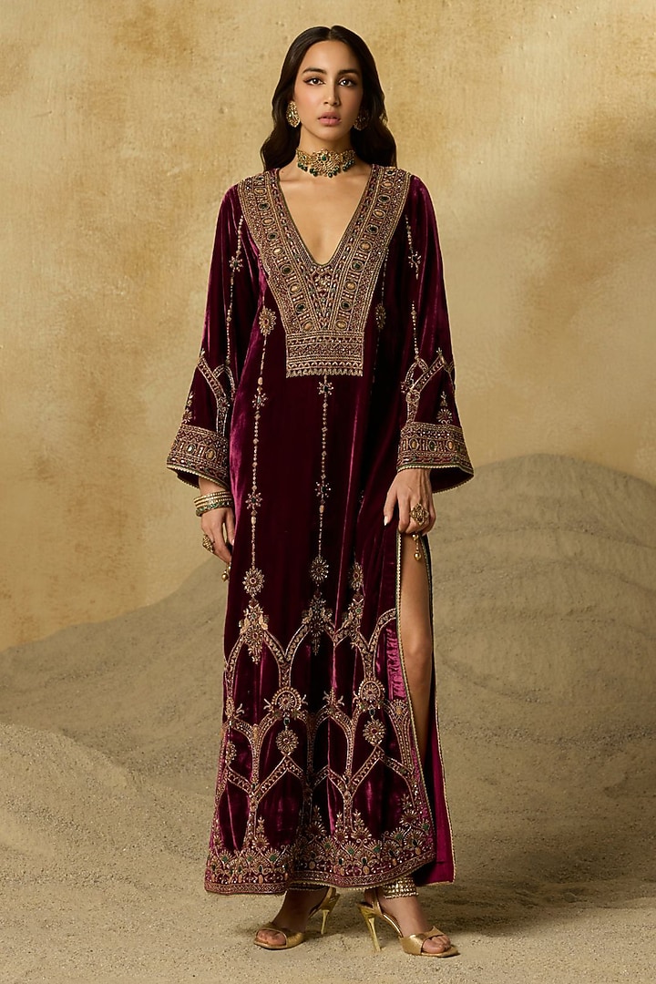 Black Silk Velvet Aari Embroidered Kaftan by Sureena Chowdhri at Pernia's Pop Up Shop