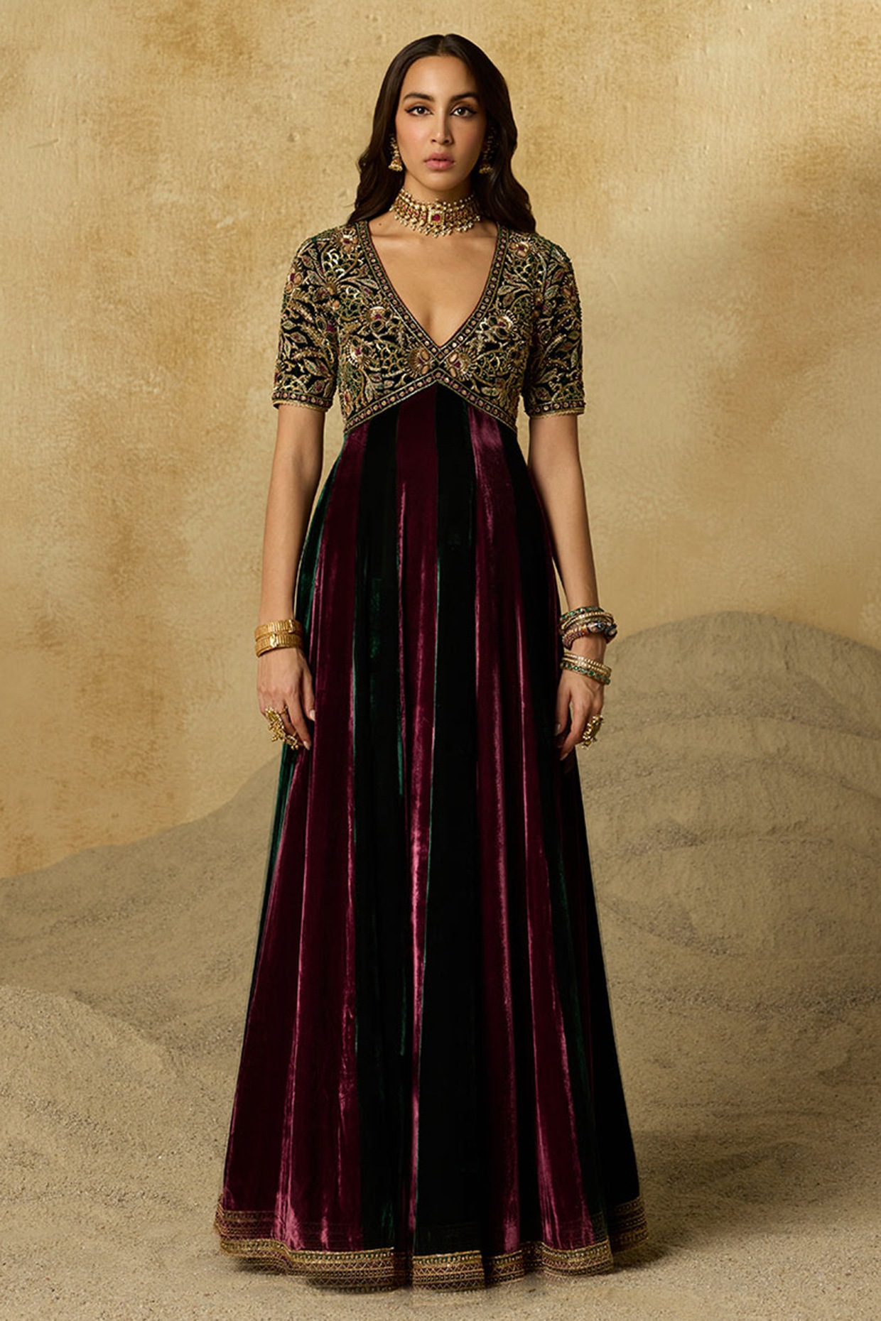 Sureena Chowdhri Wine Silk Velvet Aari Embroidered Anarkali Set
