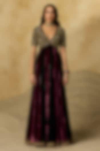Wine Silk Velvet Aari Embroidered Bridal Anarkali Set by Sureena Chowdhri at Pernia's Pop Up Shop