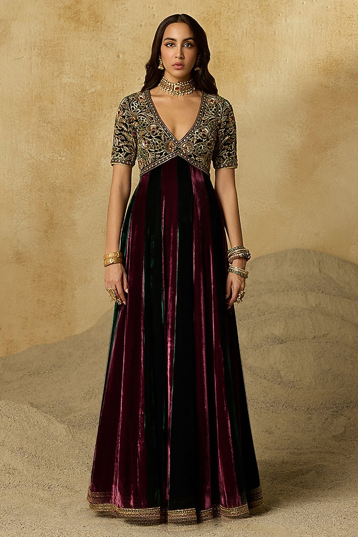 Wine Silk Velvet Aari Embroidered Bridal Anarkali Set by Sureena Chowdhri at Pernia's Pop Up Shop