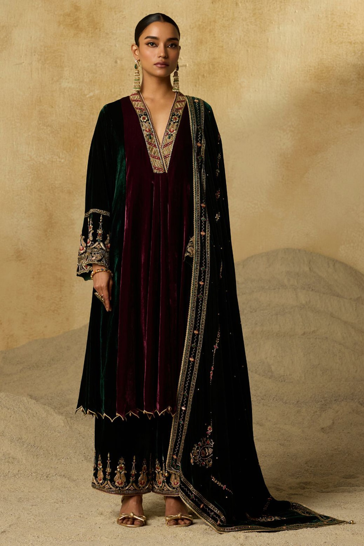 Sureena Chowdhri Wine Silk Velvet Zardosi Embroidered Kurta Set