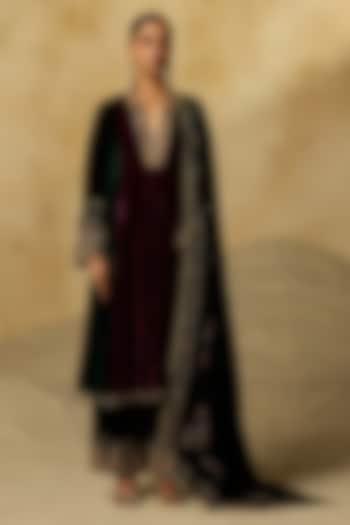 Wine Silk Velvet Zardosi Embroidered Kurta Set by Sureena Chowdhri at Pernia's Pop Up Shop