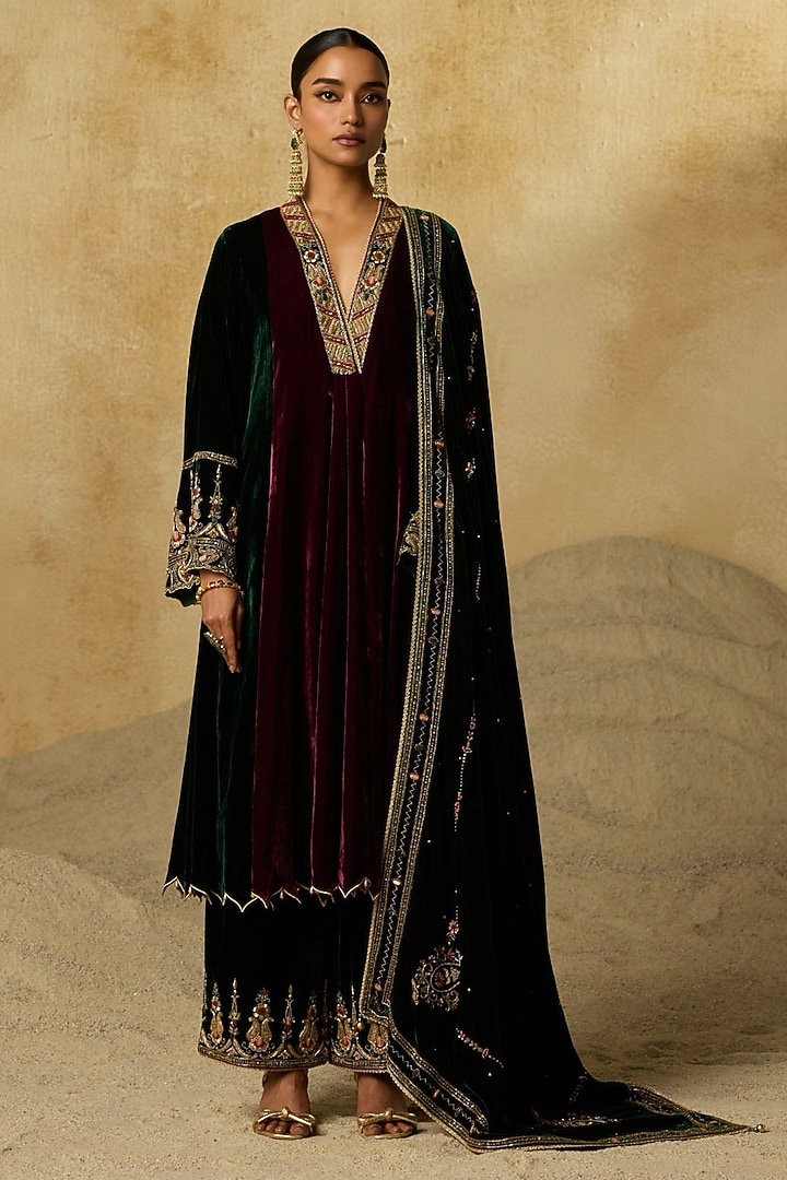 Wine Silk Velvet Zardosi Embroidered Kurta Set by Sureena Chowdhri at Pernia's Pop Up Shop