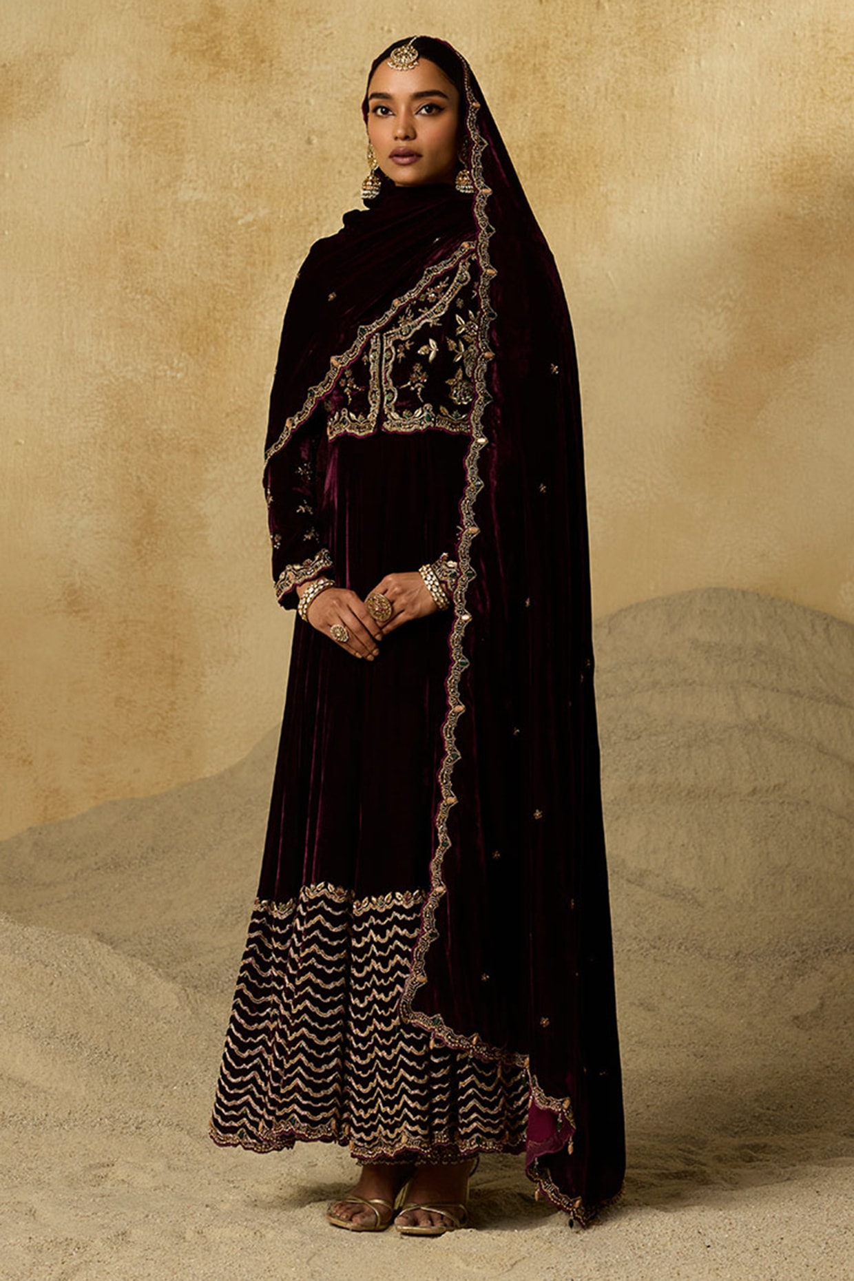 Sureena Chowdhri Mulberry Silk Velvet Zardosi Embroidered Anarkali Set