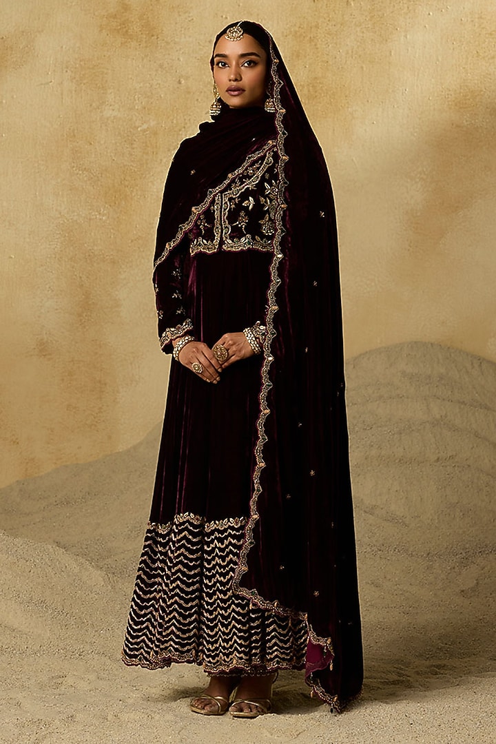 Mulberry Silk Velvet Zardosi Embroidered Bridal Anarkali Set by Sureena Chowdhri at Pernia's Pop Up Shop