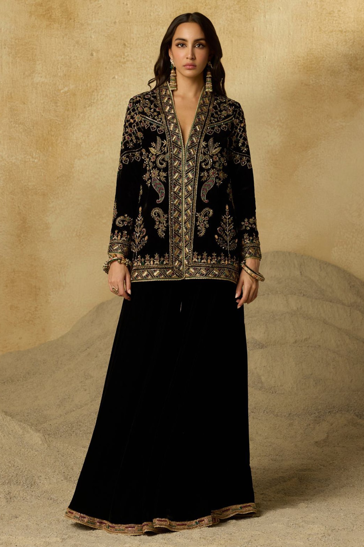 Sureena Chowdhri Black Silk Velvet Zardosi Embroidered Sharara Set