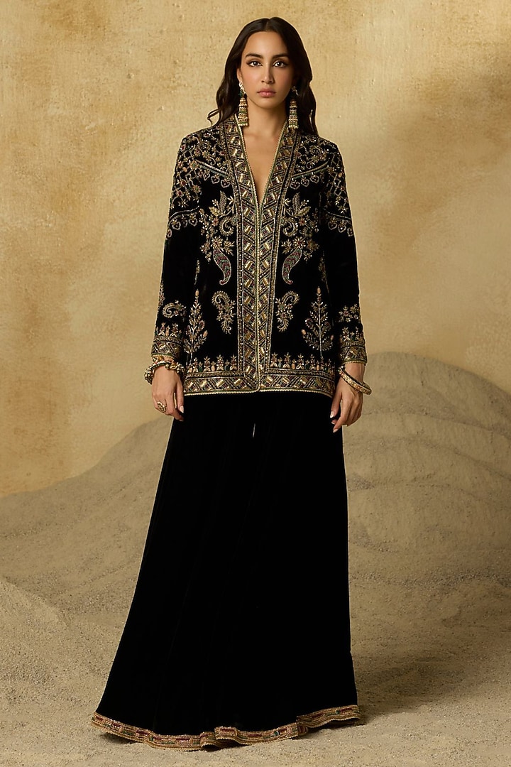 Black Silk Velvet Zardosi Embroidered Wedding Sharara Set by Sureena Chowdhri at Pernia's Pop Up Shop