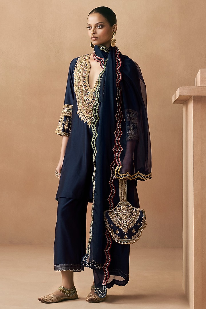 Navy Blue Silk Chanderi Applique Embroidered Kurta Set by Sureena Chowdhri at Pernia's Pop Up Shop