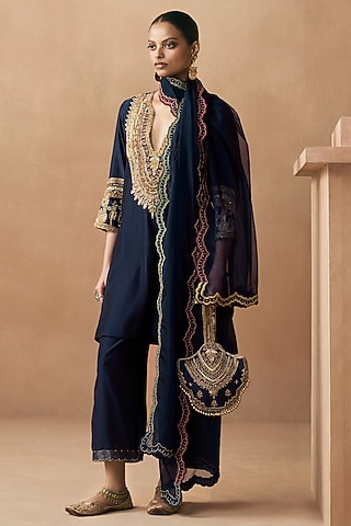 Navy Blue Silk Chanderi Applique Embroidered Kurta Set by Sureena Chowdhri