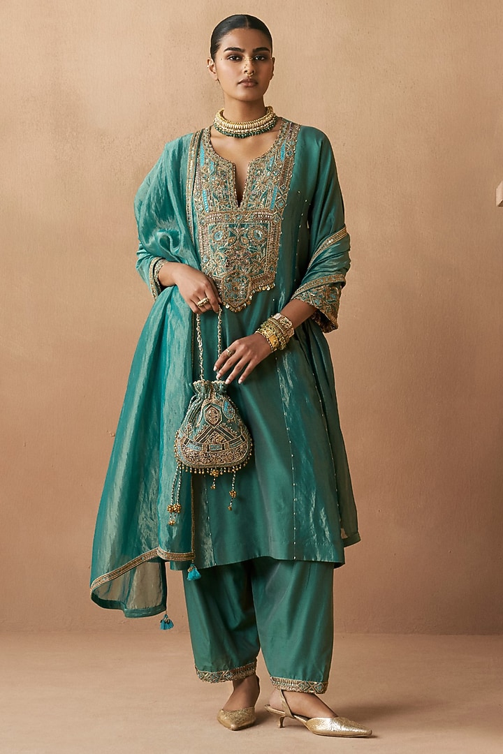 Forest Green Silk Chanderi Aari Embroidered A-Line Kurta Set by Sureena Chowdhri at Pernia's Pop Up Shop