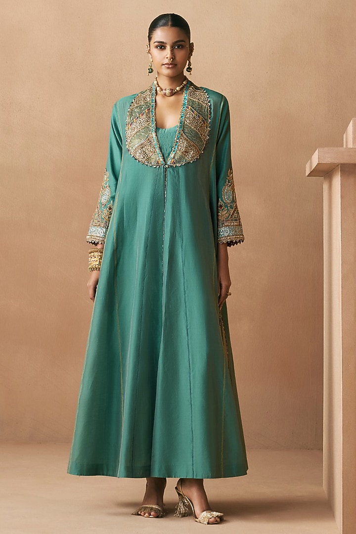 Forest Green Silk Chanderi Zardosi Embroidered Jacket by Sureena Chowdhri at Pernia's Pop Up Shop