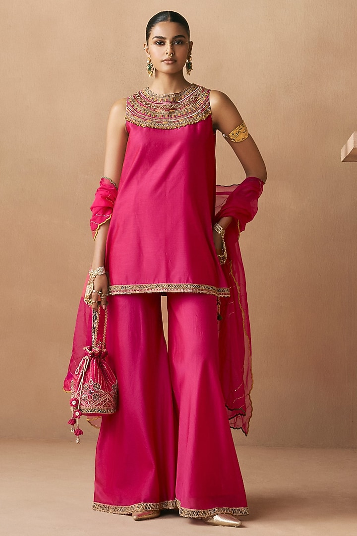 Magenta Silk Chanderi Party Wear Sharara Set by Sureena Chowdhri at Pernia's Pop Up Shop